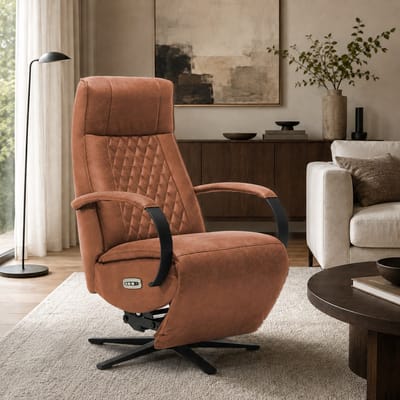 Relaxfauteuil Brent – Microleder – Sta-op stoel - Elektrisch Verstelbaar – Met accu – 2 Motoren – 360° Draaibaar - Cognac