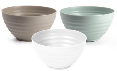 Plasticforte onbreekbaar servies kommetjes - schaaltjes - 9x stuks - groen/wit/beige - kunststof - 15 x 8 cm - Camping - Keuken