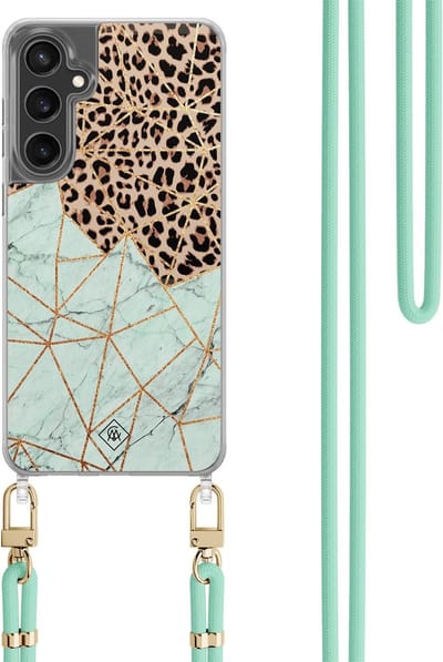 Casimoda® hoesje met koord - Geschikt voor Samsung S24 FE - Luipaard Marmer Mint - Afneembaar koord - TPU/polycarbonaat - Mint