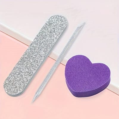 Kit de Soin des Ongles - Limes à Ongles Pailletées Roses, Bâton Cristallin de Polissage, et Blocs Éponges en Forme de Cœur - Kit d'Outils et d'Accessoires Non Parfumés violet