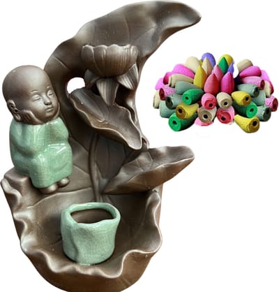 Wierookhouder Lotusbladeren met Boeddha - Waterval Wierookbrander met Back Flow Kegels