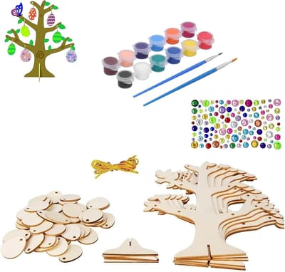 Ongefinished Houten Paasdecoratie - Paaseieren en Hangers voor Kinderen, Creatieve Knutselset met Touw en Zelfklevende Hangers