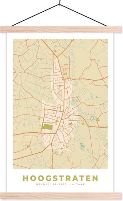Posterhanger incl. Poster 40x60 cm - Schoolplaat - Vintage - Kaart - Plattegrond - Stadskaart - Hoogstraten - Textielposter - Blanke latten - Stadskaart