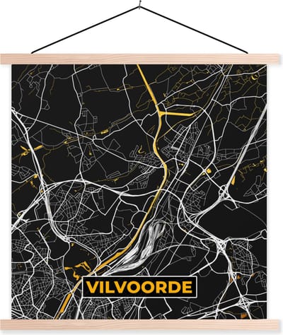 Posterhanger incl. Poster 40x40 cm - Schoolplaat - Stadskaart - Vilvoorde - Goud - Plattegrond - Kaart - Textielposter - Blanke latten - Stadskaart
