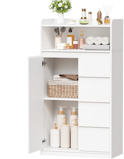 Dailygoods- Badkamerkast met 4 Laden - Opbergkast met Deur - Verstelbare Planken - Wit - 110 x 60 x 30 cm - Hoogwaardige Afwerking