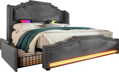 Gestoffeerd bed 180×200, tweepersoonsbed met 4 lades, LED-verlichting en USB-C-oplaadaansluiting, opbergbed en jeugdbed met lattenbodem, fluweel, grijs, zonder matras