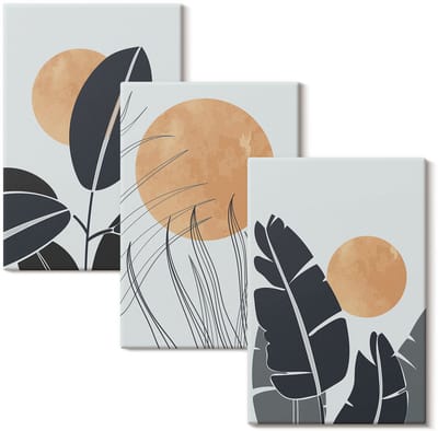 Wallfluent Set van canvas schilderijen - Plantenpatronen met grote zonnen, minimalistische stijl Canvas Schilderijen Set - set 3 stuks 20x30 cm - Oranje Set van Canvas Prints - Natuur Canvas Kunst Set - Boheemse Canvas Kunst Set