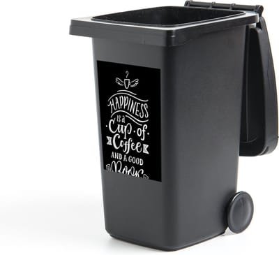 Container sticker Coffee Chalk Letterings - CM - Quote ''happiness is a cup of coffee and a good book'' op zwarte achtergrond Klikosticker - 40x60 cm - kliko sticker - weerbestendige containersticker
