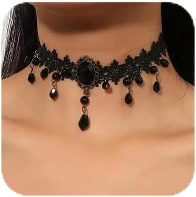 Zwarte Verstelbare Kraagketting voor Dames van Fluweel en Leer met Kristallen - Goth Sieraden voor Carnaval en Cosplay
