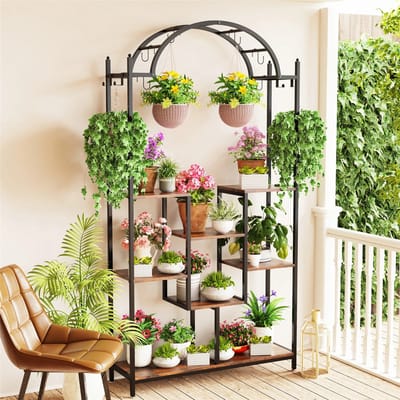 Mygroot - 5- planken Hoge Kamerplantenstandaard - 100 x 30 x 190cm - Gebogen Metalen Bloemenplank - Met Hangende Haken - Grote Bonsaipotten- Balkonrek voor planten - Voor Tuin.
