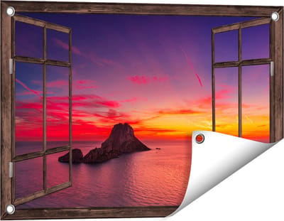 Gards Tuinposter Doorkijk Ibiza Rotsen Eiland bij Zonsondergang - 60x40 cm - Tuindoek - Tuindecoratie - Wanddecoratie buiten - Tuinschilderij