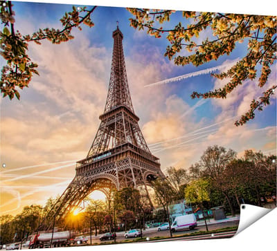 Gards Tuinposter Eiffeltoren in Parijs tijdens Zonsondergang - 160x120 cm - Tuindoek - Tuindecoratie - Wanddecoratie buiten - Tuinschilderij