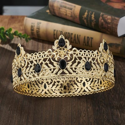 Goudkleurige Koningskronen voor Mannen, Koninklijke Kroon met Zwarte Strass, Verjaardagskroon voor Mannen, Bruiloft Cosplay Prom Party Decoraties beige