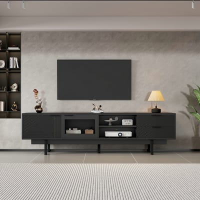 VVBV Moderne en eenvoudige tv-meubel 200*40*50,5 cm, laag meubel met 2 deuren en 2 lades, tv-meubel met grote opbergruimte, woonkamermeubel met een totaal draagvermogen van 45 kg, geschikt voor 80 inch, zwart