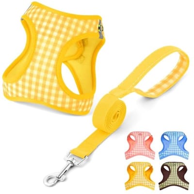 Famanu – Instap hondentuig met lijn, ademend mesh tuigje voor puppy’s en katten, reflecterend en verstelbaar, geel, maat XS
