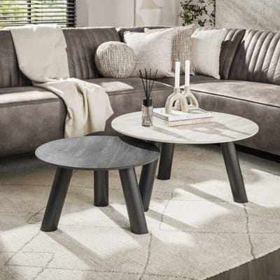 Hoyz Collection - Salontafel Twin Rond Set Van 2 - 3D Keramiek Travertin Zwart-grijs