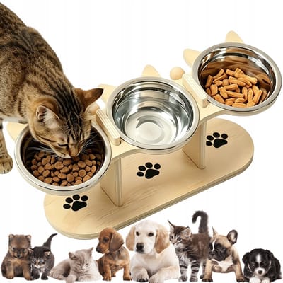 Verhoogde Voerbak Kat - Voerbakken Voor Huisdieren - Kattenvoerbak - Hoogte Verstelbaar - 15° Helling - 3 RVS Kommen - Vermindert Nekdruk - 42x16x15 cm - Voerstandaard - Voor Kleine Honden & Katten