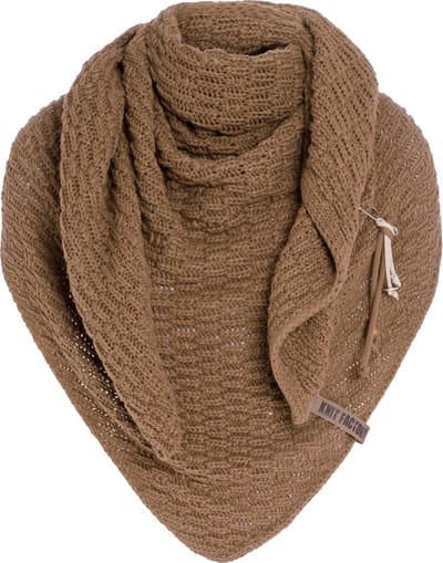 Knit Factory Jaida Gebreide Omslagdoek - Driehoek Sjaal Dames - Dames sjaal - Wintersjaal - Stola - Wollen sjaal - Bruine sjaal - Nude - 190x85 cm - Inclusief siersluiting