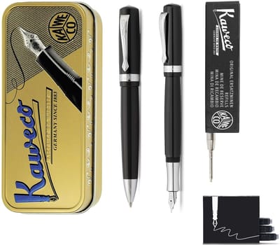 Kaweco - set - Vulpen (Medium) en Balpen - Student - Zwart in vintage blikje - doosje G2 Zwarte balpenvulling - doosje Vulpen inkt