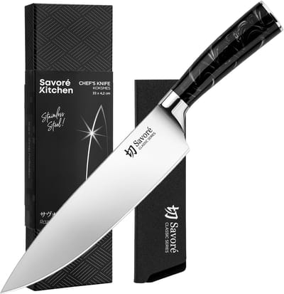 Savoré Kitchen Koksmes 20 cm RVS – Japans Stijl koksmessen- Professioneel Keukenmes met Beschermhoes- Vlijmscherp mes voor Vlees, Vis en Groente