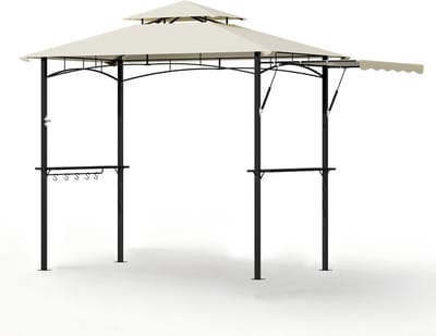 BBQ Paviljoen met Zijluifel en Dubbel Dak – Barbecue Overkapping van Staal – 245 × 141 × 253 cm – Beige