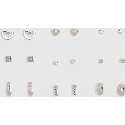 boohoo Dames Zilveren stud oorbel 9-pack