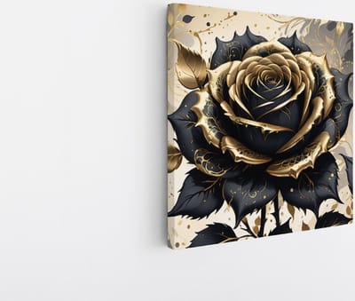Saammp Canvas Schilderij - Bloem - Zwart - Goud - Abstract - 20x20 - Foto op canvas - Wanddecoratie - Muurdecoratie Woonkamer - Kantoor Decoratie