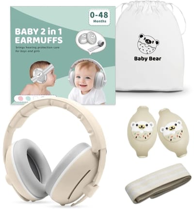 Baby Bear Gehoorbescherming Baby – Gecertificeerde Oorkappen voor baby’s en Peuters – Oorbeschermers Baby – Verstelbare gehoorbescherming - Koptelefoon Baby – Jongens – Meisjes – Beige