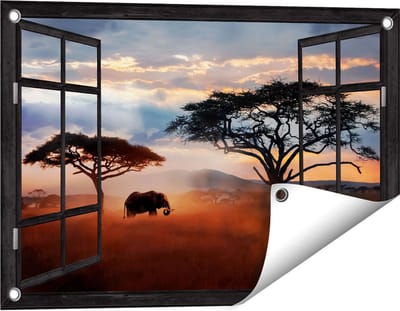 Gards Tuinposter Doorkijk Olifant in het Wild - Savanne - 60x40 cm - Tuindoek - Tuindecoratie - Wanddecoratie buiten - Tuinschilderij