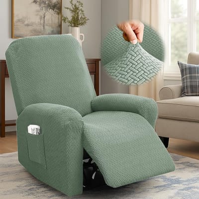 Set van 4 Verstelbare Stoelhoezen voor 1-Zits Relaxstoelen met Zakjes en Armleuningen, Wasbaar in Dennengroen met Jacquard Strepen