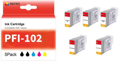 INKFIND PFI-102 inkt cartridge van 5 stuks multipack (Zwart, Mat Zwart, Cyaan, Magenta, Geel) geschikt voor Canon PFI102 PFI-102 Canon imagePROGRAF IPF500 IPF510 IPF600 IPF605 IPF610 IPF650 IPF655 IPF700 IPF710 IPF720 IPF750 IPF755 IPF760