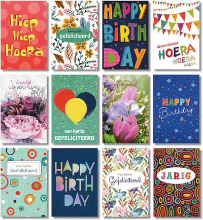 MGPcards - 12 dubbele wenskaarten met envelop - Jarig - Gefeliciteerd - Birthday - 11,5 x 17 cm