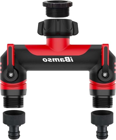Tweeweg tuinslang splitter met 3/4" aansluiting, dubbele kraan connector, waterverdeler met aan/uit kleppen en metalen handvat voor tuin en buitengebruik