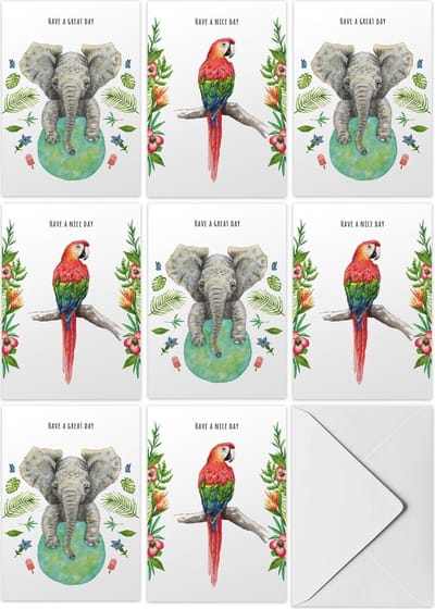 Kaartenset Have a nice day - 10 stuks - A6 - Wenskaarten met envelop - Bedankkaart - Liefdeskaart - Papegaai - Olifant - Tropische decoraties - Schilderingen in aquarel door Mies to Go