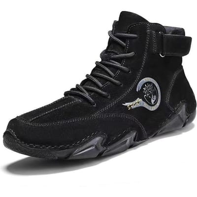 Heren Herfst en Winter Herenschoenen Fluweel Warme Katoenen Schoenen Sneeuwlaarzen Hoge Werklaarzen Trendy Schoenen Echt Lederen Laarzen Heren 46 black