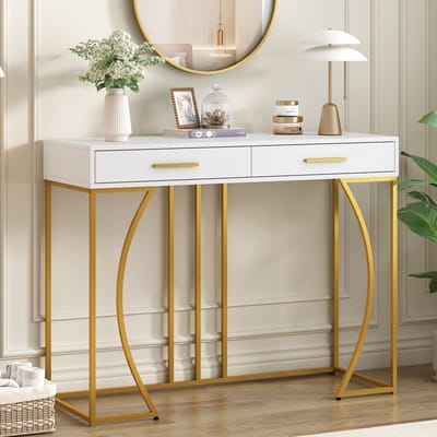 STILVORA Consoletafel - Console Met 1 Lade En Vergulde Grepen - Metaalframe Met 60 Kg Draagkracht Voor Hal - MDF - 110x32x85 cm - Wit+Goud
