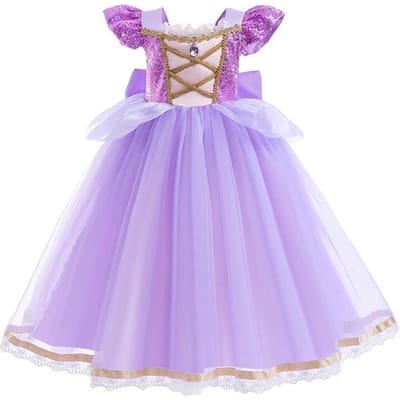 Rapunzel Korte Mouwen Paarse Pofmouw Jurk + Accessoires Meisjes Cosplay Rapunzel Zomer Casual Jurk Verjaardagsfeest Cadeau 5-6Y(130CM) white