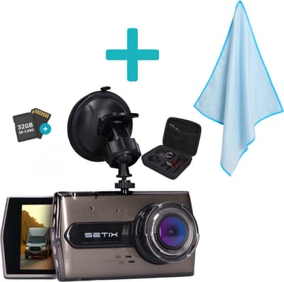 Setix Dashcam Go met Glas- en Spiegeldoek - Voor en Achter Camera – Inclusief 32GB SD kaart - Full HD 1080P Resolutie – Met Opbergcase tegen Diefstal - Nachtzicht – Plug & Play - Parkeermodus - 170 Graden Kijkhoek – Loop Recording – 2025 Auto Camera