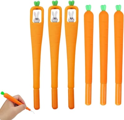 Vrolijke Wortel en Konijn Ballpoint Pennen (0.5 mm) - Grappige Kantoorartikelen voor Pasen, Cadeau of Stationery - Set van 6, Kawaii, Cartoon, Schrijfaccessoires