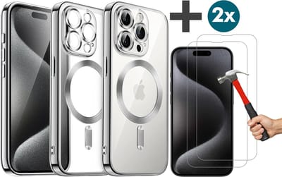 Hoesje met 2 Stuks Screenprotectors Geschikt voor iphone 15 Pro Hoesje - Geschikt voor MagSafe - Arara siliconen Backcover - Zilver