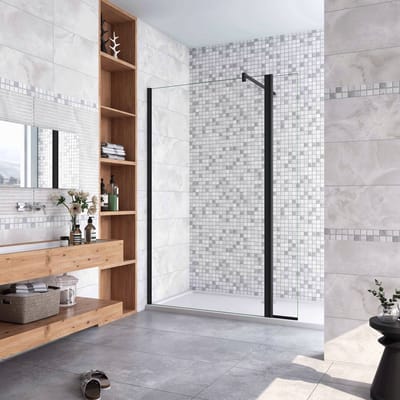 70x200cm zwarte inloopdouche + 30x200cm draaibaar hoekprofiel + F-vorm 90cm Stabilisatiestang 8mm EasyClean veiligheidsglas douchepartitie