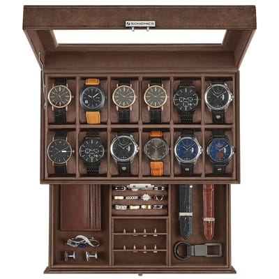 Dailygoods- Horlogedoos met glazen deksel - Horlogekast - 2 niveaus - 12 horloges - Ringen/armbanden - Hoogwaardig PU met fluwelen voering - Horlogekoffer