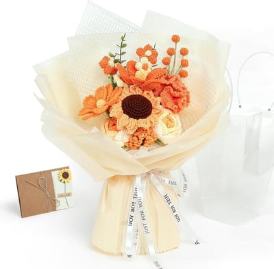Gehaakte Bloem Boeket - Handgemaakt Cadeau - Decoratie en Cadeau - Met Vaas en Kaart - 43 cm Pakket - Warm