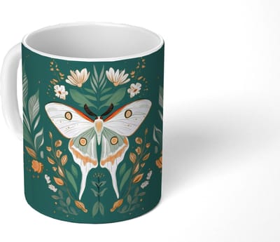 Mok - Koffiemok - Sierlijk - Vlinder - Groen - Bladeren - Mokken - 350 ML - Beker - Koffiemokken - Theemok