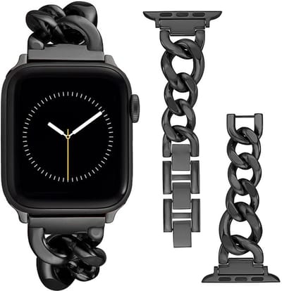 Stravo Metalen Chain Horlogebandje – Geschikt voor Apple Watch 42mm (Series 11/10), 41mm (Series 7/8/9), 40mm (Series 4/5/6, SE 1/2/3), 38mm (Series 1/2/3) – Sieraden Horlogeband met Grove Schakelketting – Zwart