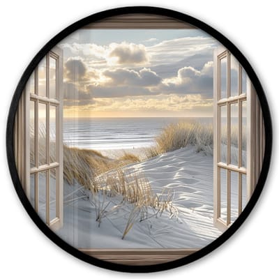 Poster in lijst Rond - Fotolijst 40x40 cm - Posters - Doorkijk - Strand - Duinen - Zee - Natuur - Ronde posterlijst zwart - Decoratie - Wanddecoratie woonkamer - Muurdecoratie slaapkamer
