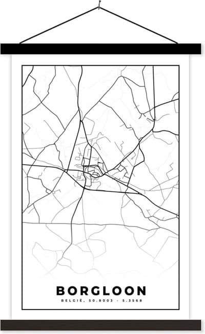 Posterhanger incl. Poster 40x60 cm - Schoolplaat - België – Borgloon – Stadskaart – Kaart – Zwart Wit – Plattegrond - Textielposter - Zwarte latten - Stadskaart
