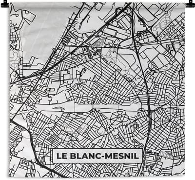 Wandkleed - Wanddoek - Kaart - Stadskaart - Frankrijk - Le Blanc-Mesnil - Plattegrond - Zwart wit - 180x180 cm - Wandtapijt