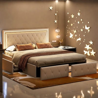 Tweepersoonsbed 160x200 cm – Beige PU Leder – LED Hoofdbord – 4 Opberglades – Modern Opbergbed