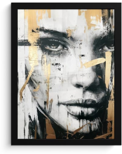 Poster in lijst - Fotolijst 30x40 cm - Posters - Portret - Vrouw - Penseelstreken - Goud - Posterlijst zwart - Decoratie - Wanddecoratie woonkamer - Muurdecoratie slaapkamer